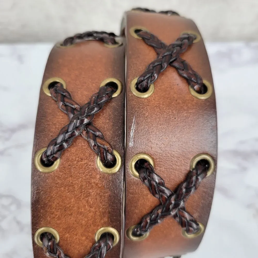 Brown Bonded Leather Belt with Brass Buckle Braided X Design Western